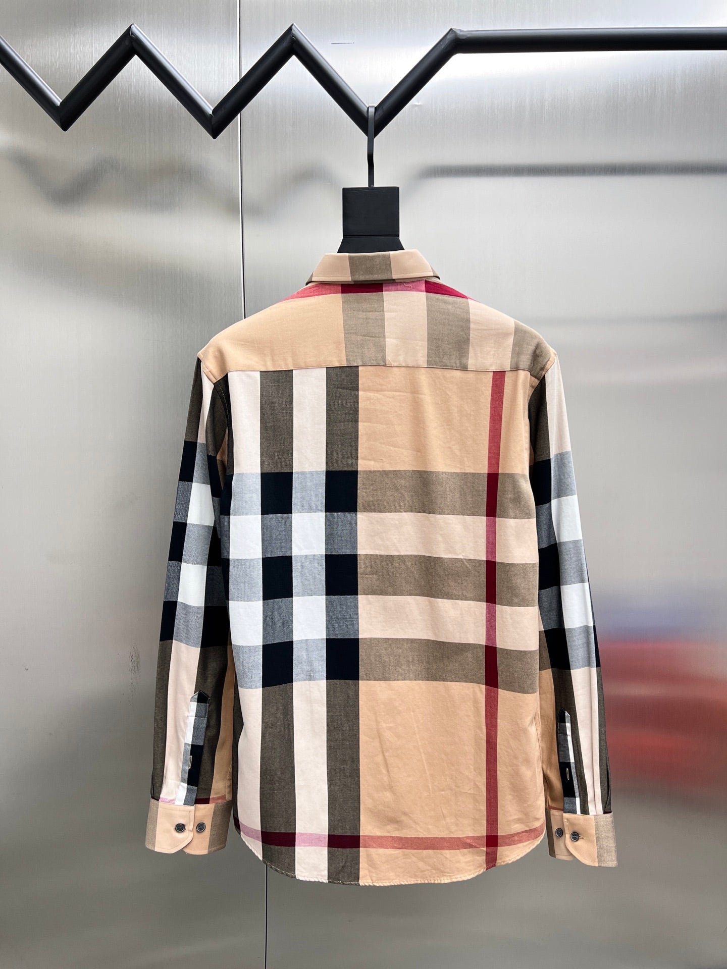 Back view long-sleeve button-up shirt in beige, navy, white, and red plaid