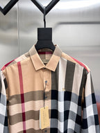Long-sleeve button-up shirt with classic collar in beige and navy plaid
