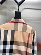 Plaid long-sleeve shirt with collar on hanger, beige with gray and red blocks