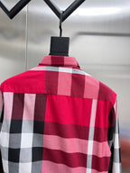 Long-sleeve plaid shirt on hanger, back view with red check pattern