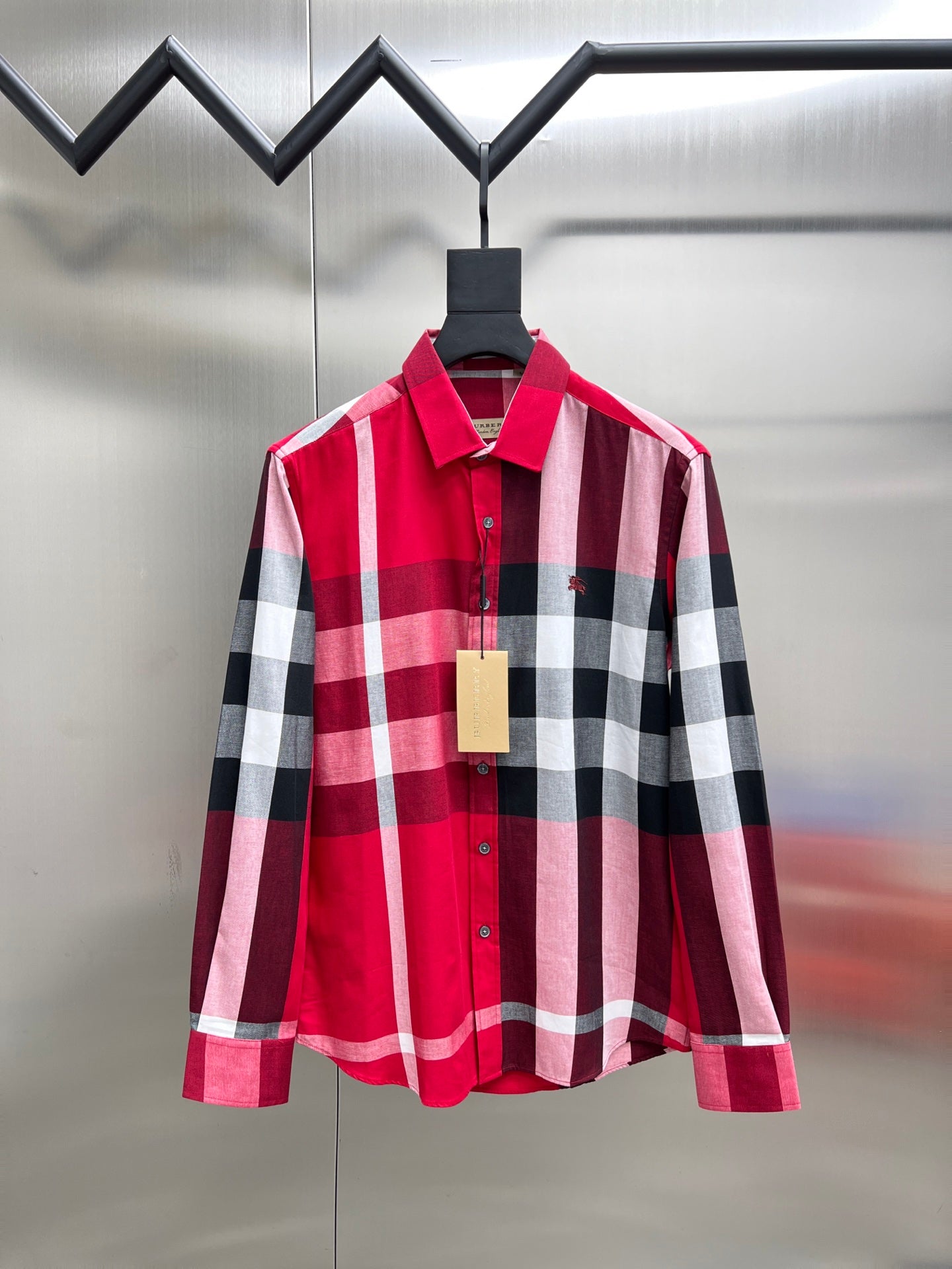 Burberry plaid button-up shirt, red and black with white blocks