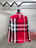 Burberry plaid button-up shirt back view, red and white with dark blocks