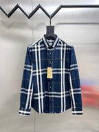 Burberry long-sleeve button-up shirt with blue, white, and dark check pattern