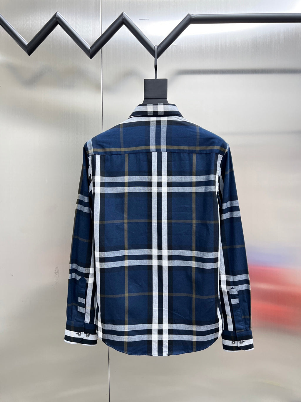 Burberry long-sleeve button-up shirt, back view, blue and white check