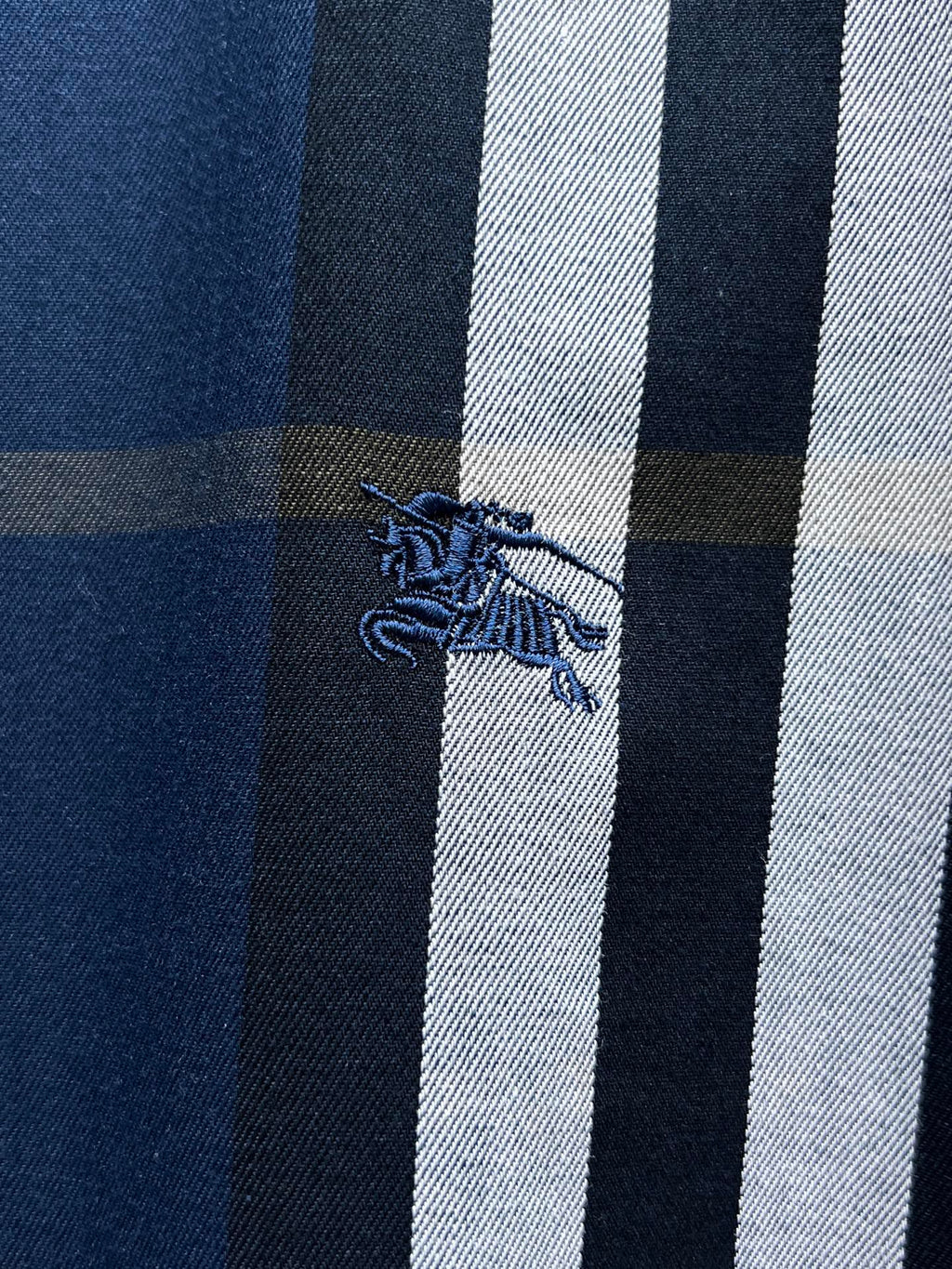 Close-up of Burberry blue, white, and dark check fabric