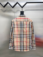 Back view of plaid long-sleeve button-up shirt, beige base with black and red