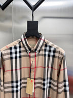 Plaid long-sleeve button-up shirt collar, beige with black, white, and red checks