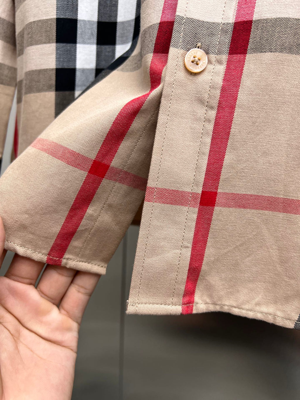 Burberry plaid long-sleeve shirt, beige with red and black check, button cuffs