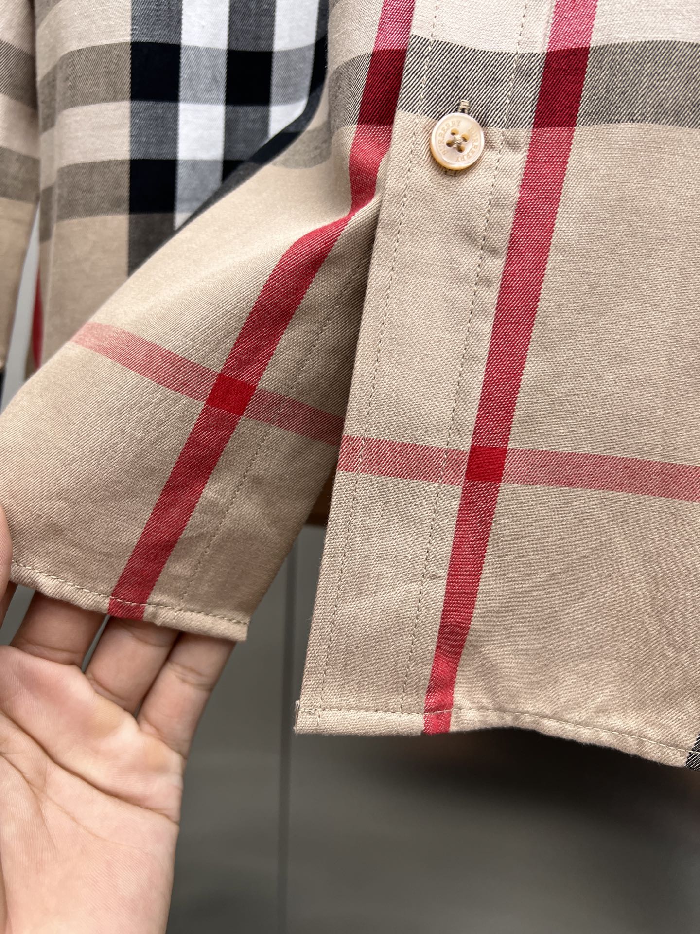 Burberry plaid long-sleeve shirt, beige with red and black check, button cuffs