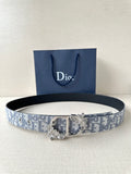Dior belt: blue-gray logo jacquard strap with ornate silver buckle and gold detail