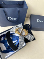 Logo jacquard belt with gold medallion buckle and dark leather understrap