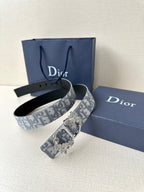 Belt set: black leather strap plus blue-gray logo jacquard strap with ornate buckle