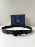 Dior belt with dark monogram pattern and black leather buckle with ornate detail