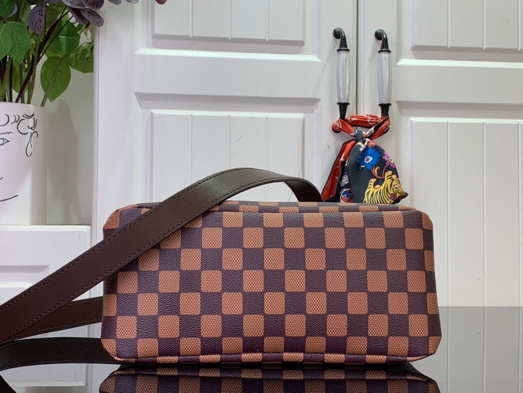 Louis Vuitton Damier checkered tote bag with brown shoulder strap and side profile