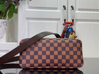 Louis Vuitton Damier checkered tote bag with brown shoulder strap and side profile