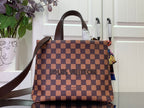 Louis Vuitton Damier checkered tote bag with centered logo and dark leather top handles
