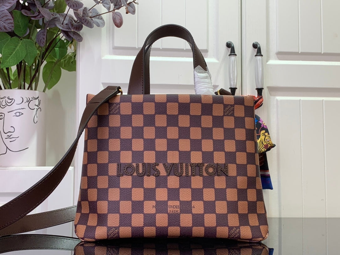 Louis Vuitton Damier checkered tote bag with centered logo and dark leather top handles
