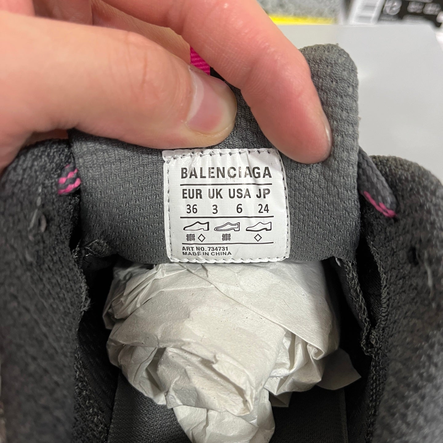 Balenciaga sneaker size label inside: EUR 36, UK 3, US 6, made in China