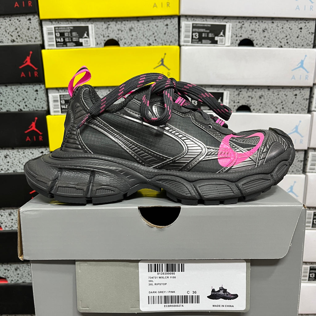 Balenciaga dark gray sneaker with pink accent lace trim and silver side stripes
