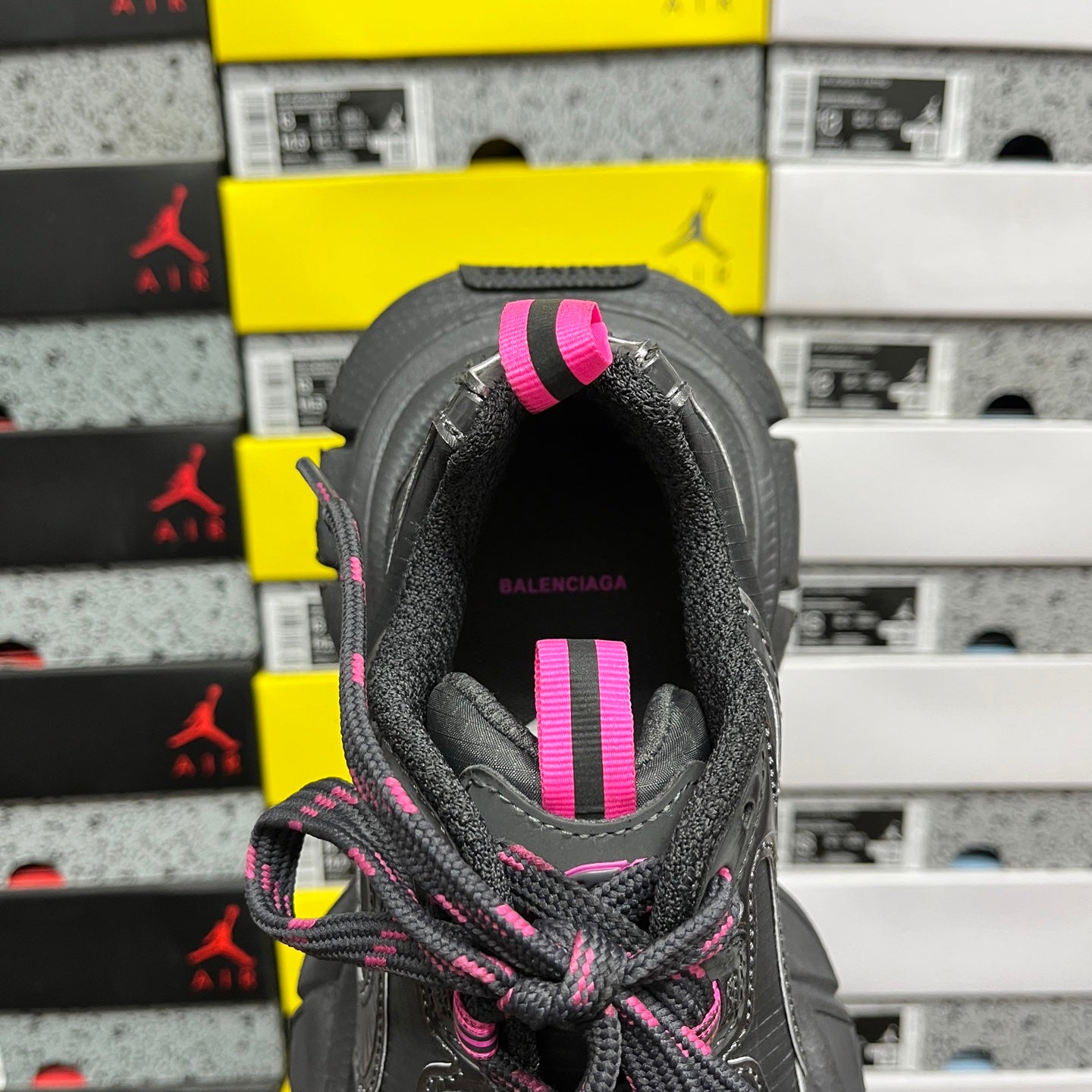 Balenciaga dark gray sneaker heel interior with pink pull-tab straps