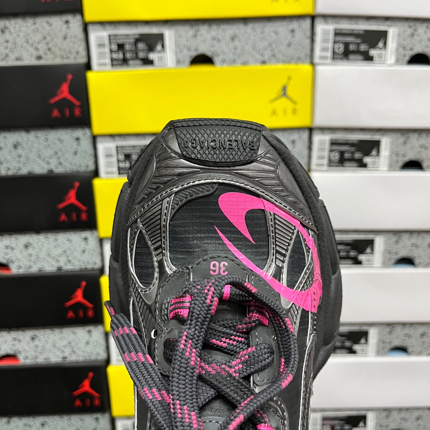 Balenciaga dark gray sneaker toe with pink logo graphic and knit lace panel
