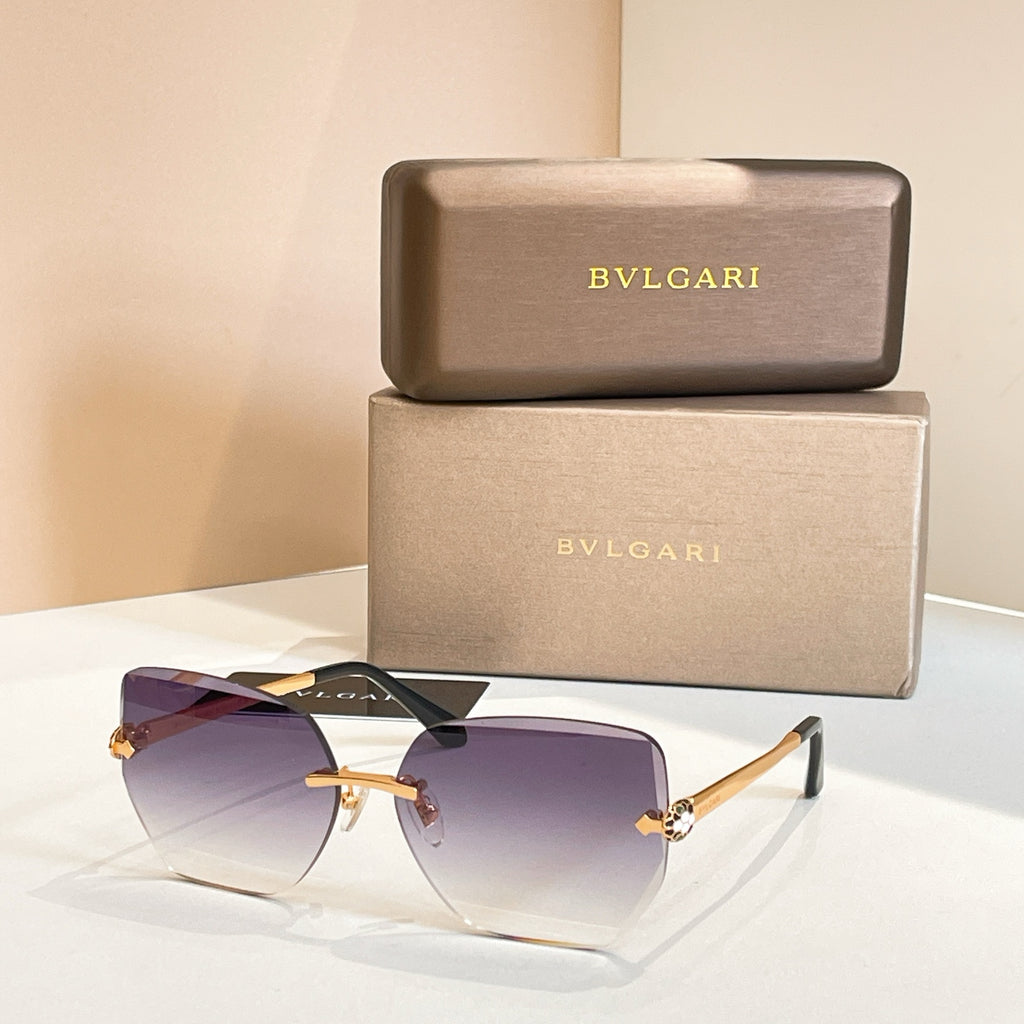Bvlgari eyeglasses, deep purple lenses, gold-tone frame, black temples.