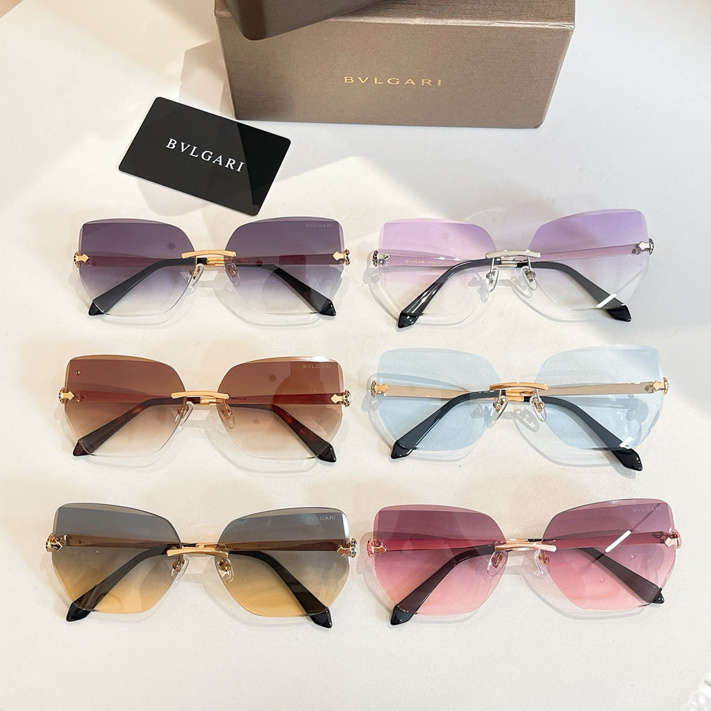 Bvlgari eyeglasses assortment, multiple lens colors, gold-tone frames and black details.