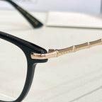 Gucci glasses: close-up of black frame with gold temple and logo detail