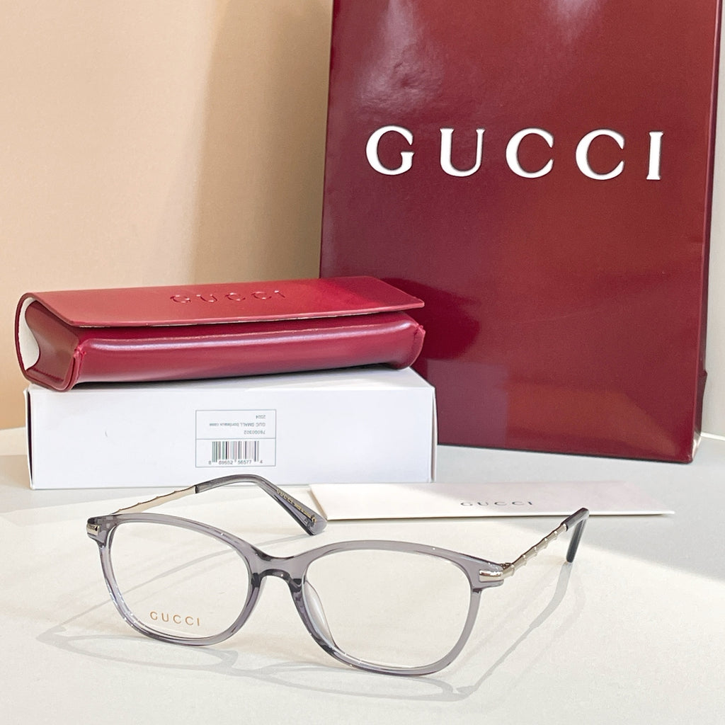 Gucci glasses: light gray round frames with gold temples, with red case and box