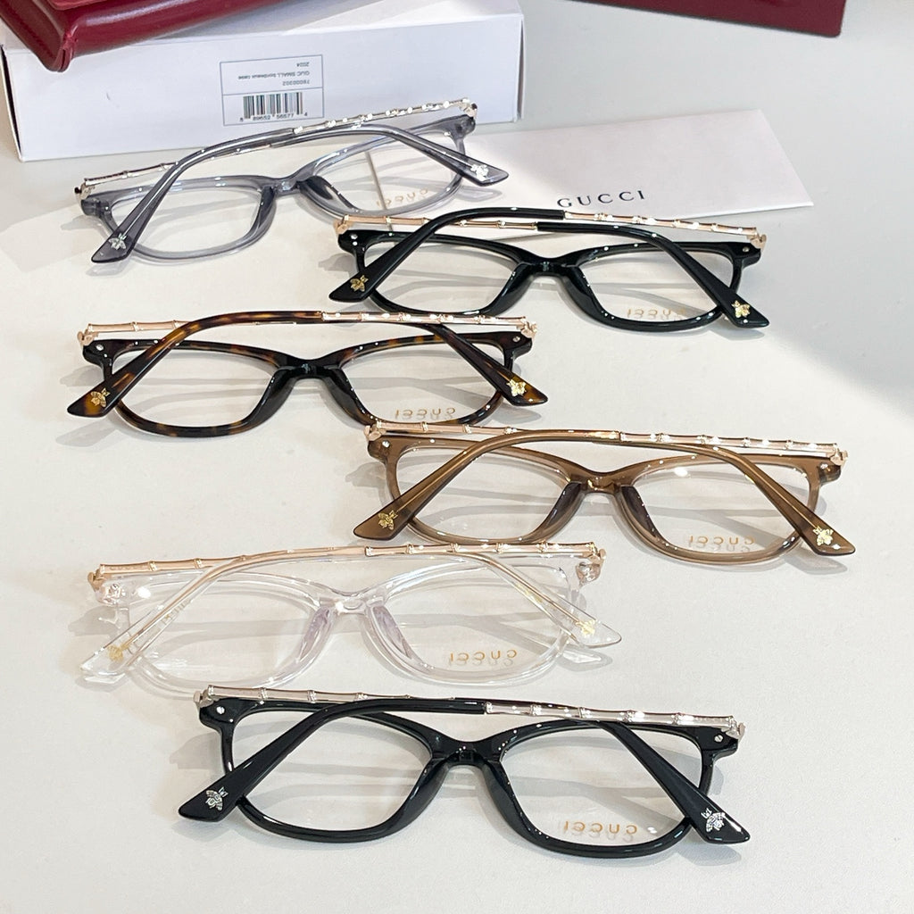 Gucci glasses: multiple round eyeglasses in black, tortoise, and clear tones with temples