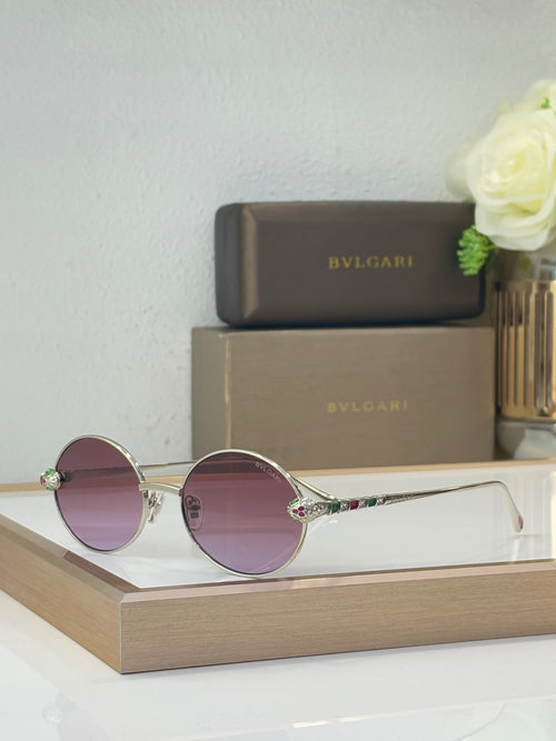 Bvlgari round sunglasses with purple lenses and silver-tone metal frame, rhinestone detail