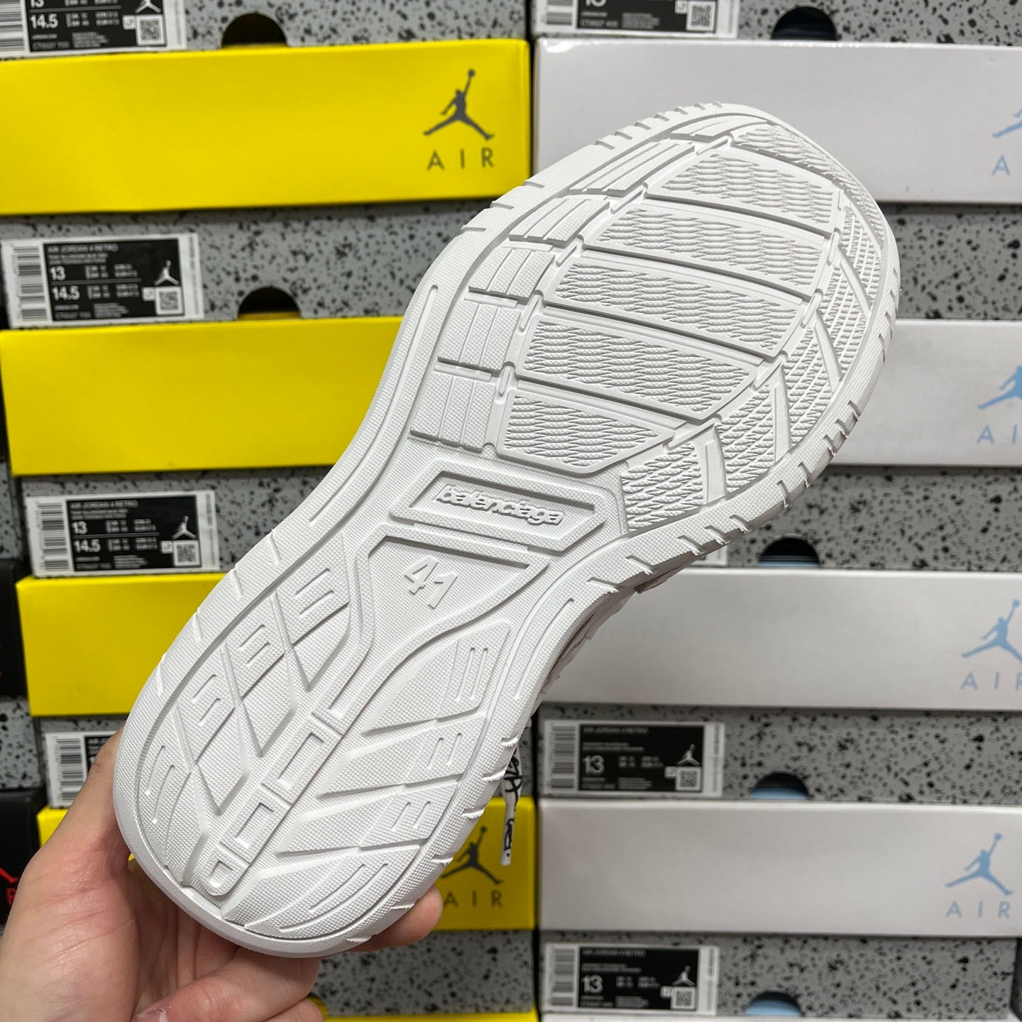 Balenciaga white rubber outsole with detailed tread pattern and brand stamp