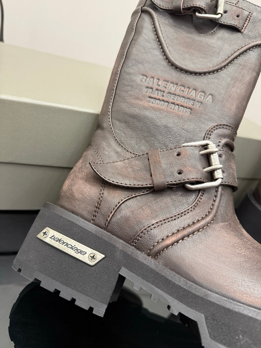 Balenciaga women’s leather boot upper with lace-up front and embossed logo