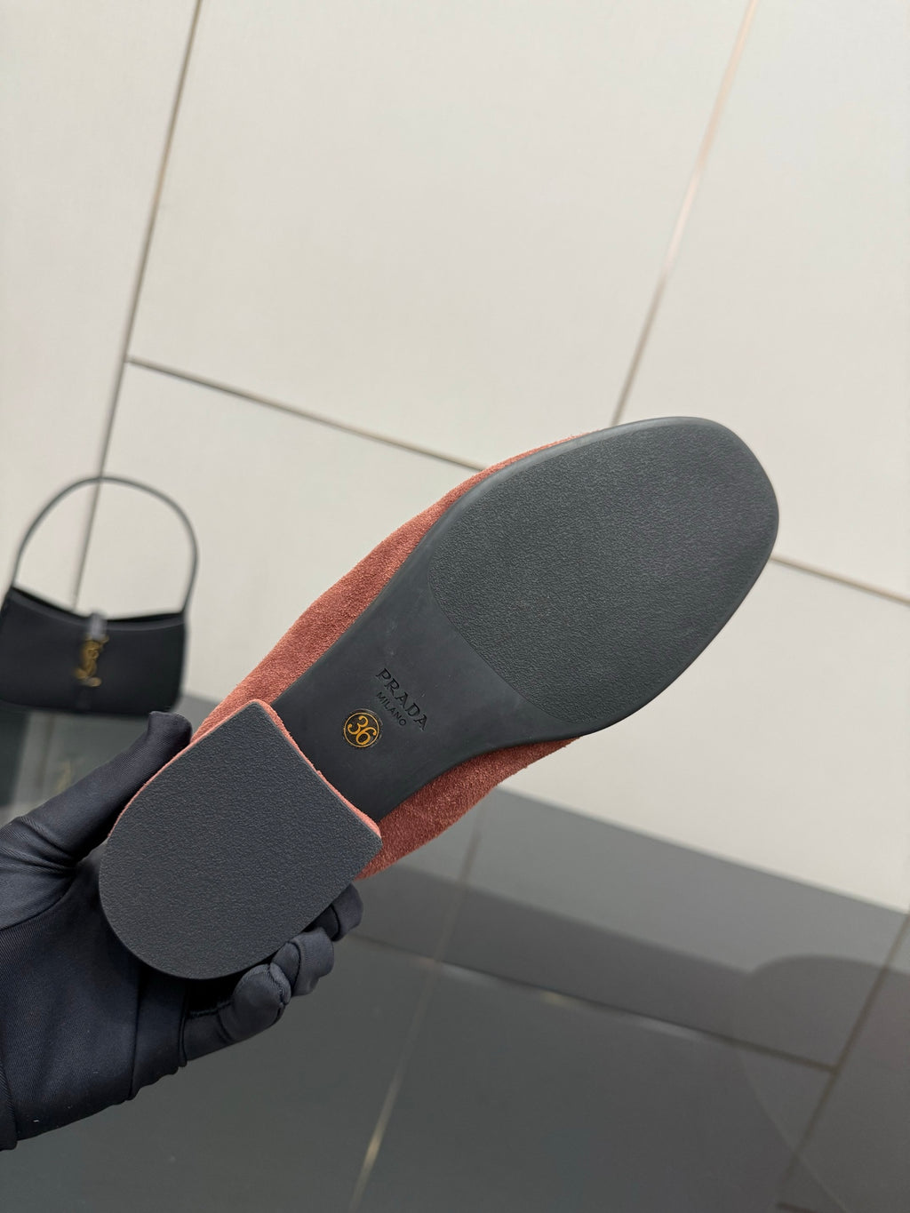 Prada rust-brown suede loafer outsole sole detail with logo on heel