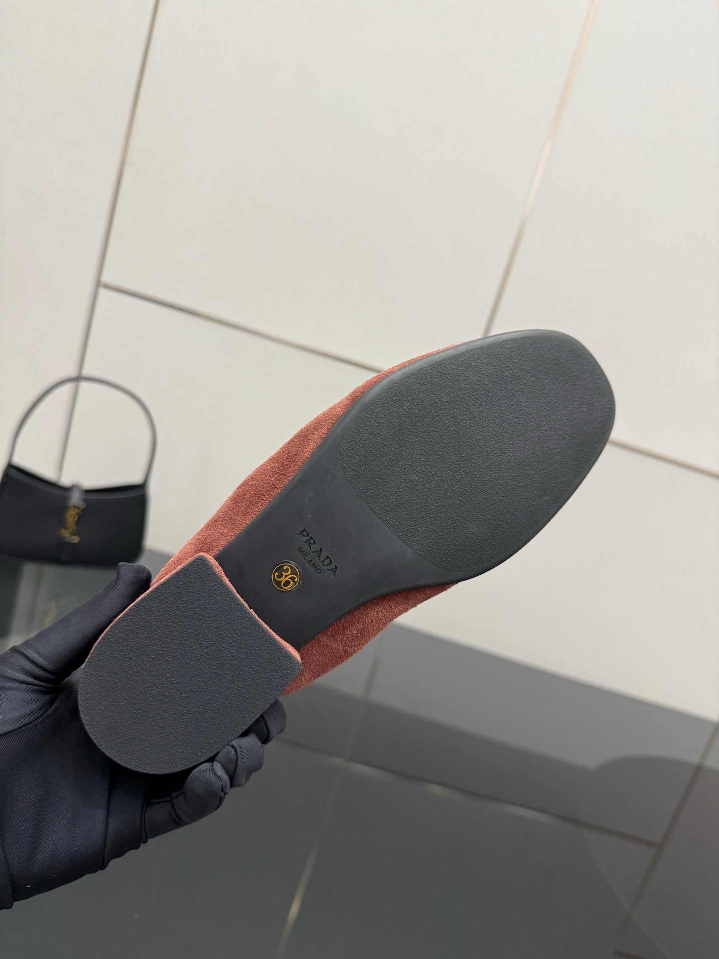 Prada rust-brown suede loafer outsole sole detail with logo on heel