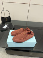 Prada rust-brown suede loafer with strap across vamp and soft lining