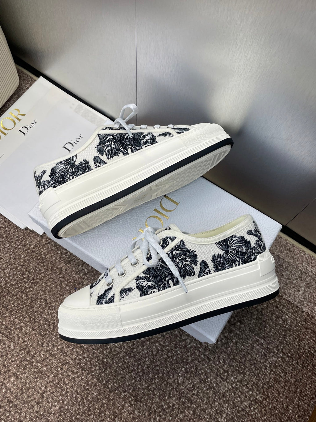 Unisex Dior sneakers, black palm-print canvas, white laces and platform-style rubber sole