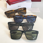 Assorted square sunglasses with tortoiseshell, dark blue, and black frames and tinted lenses.