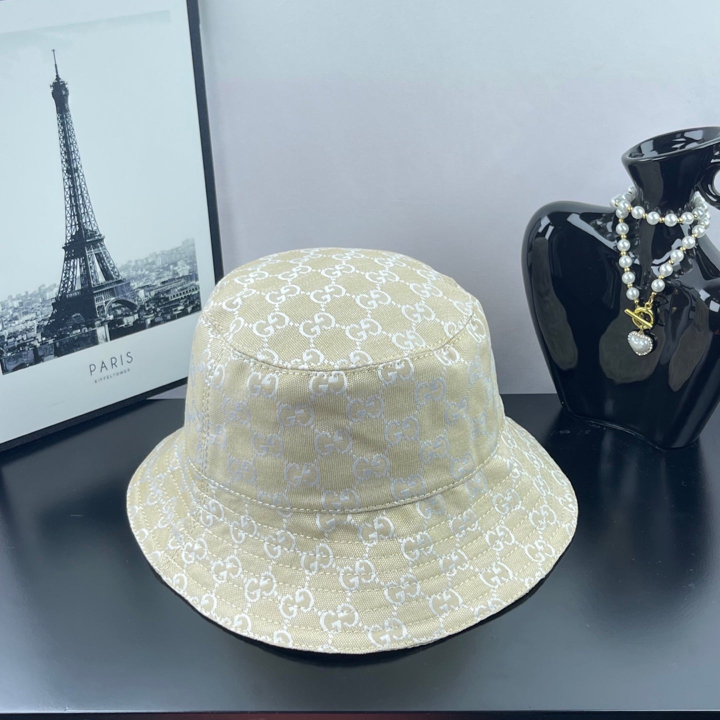 Gucci cap light gold GG monogram bucket style, front seam and wide brim