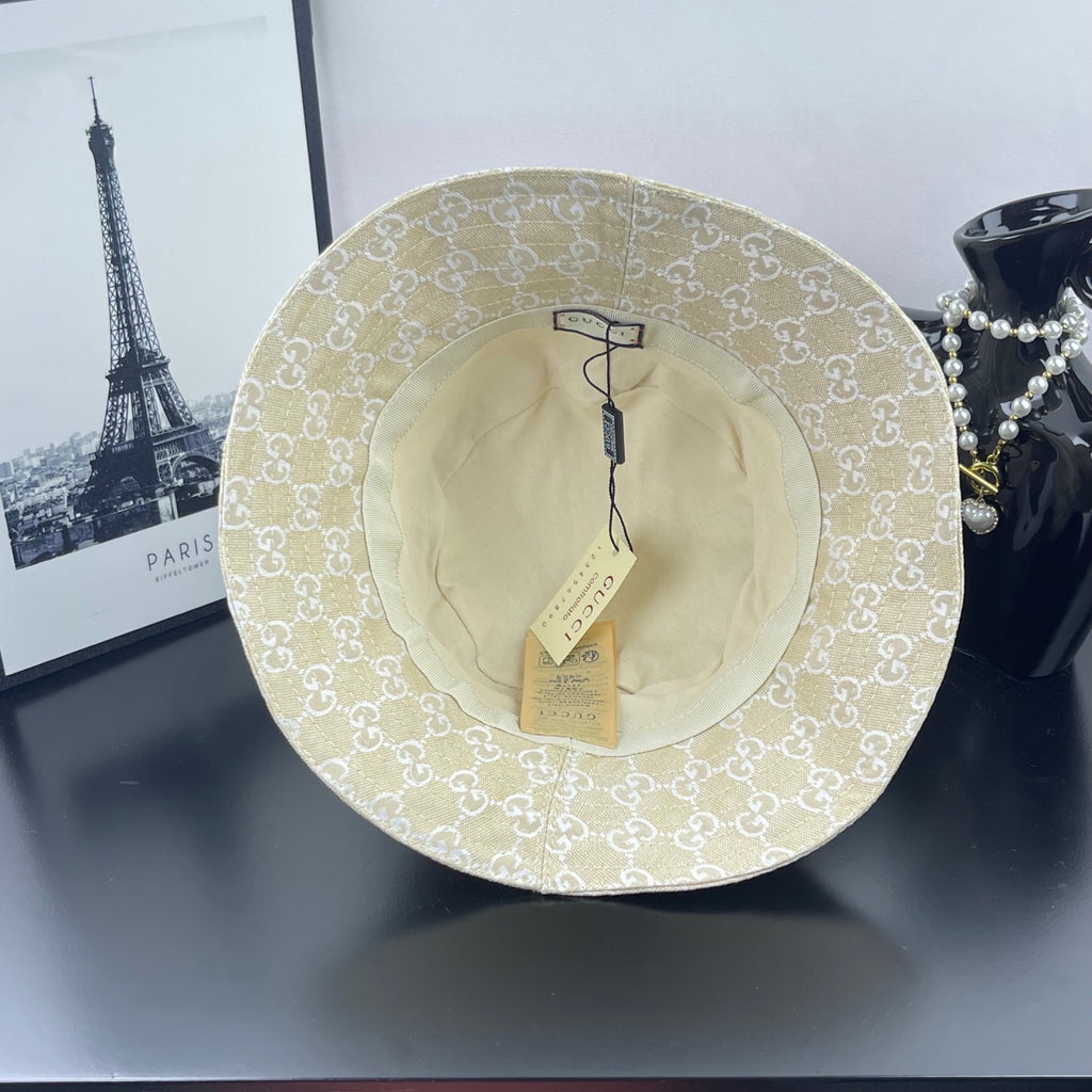 Gucci cap light gold GG monogram, inside view with hanging product tags