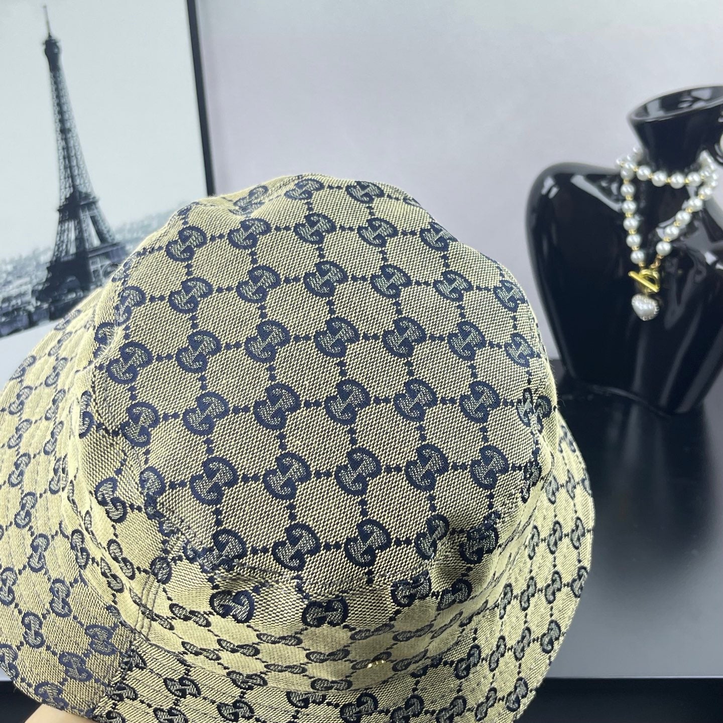 Gucci GG-print bucket cap, light beige with navy pattern, back view