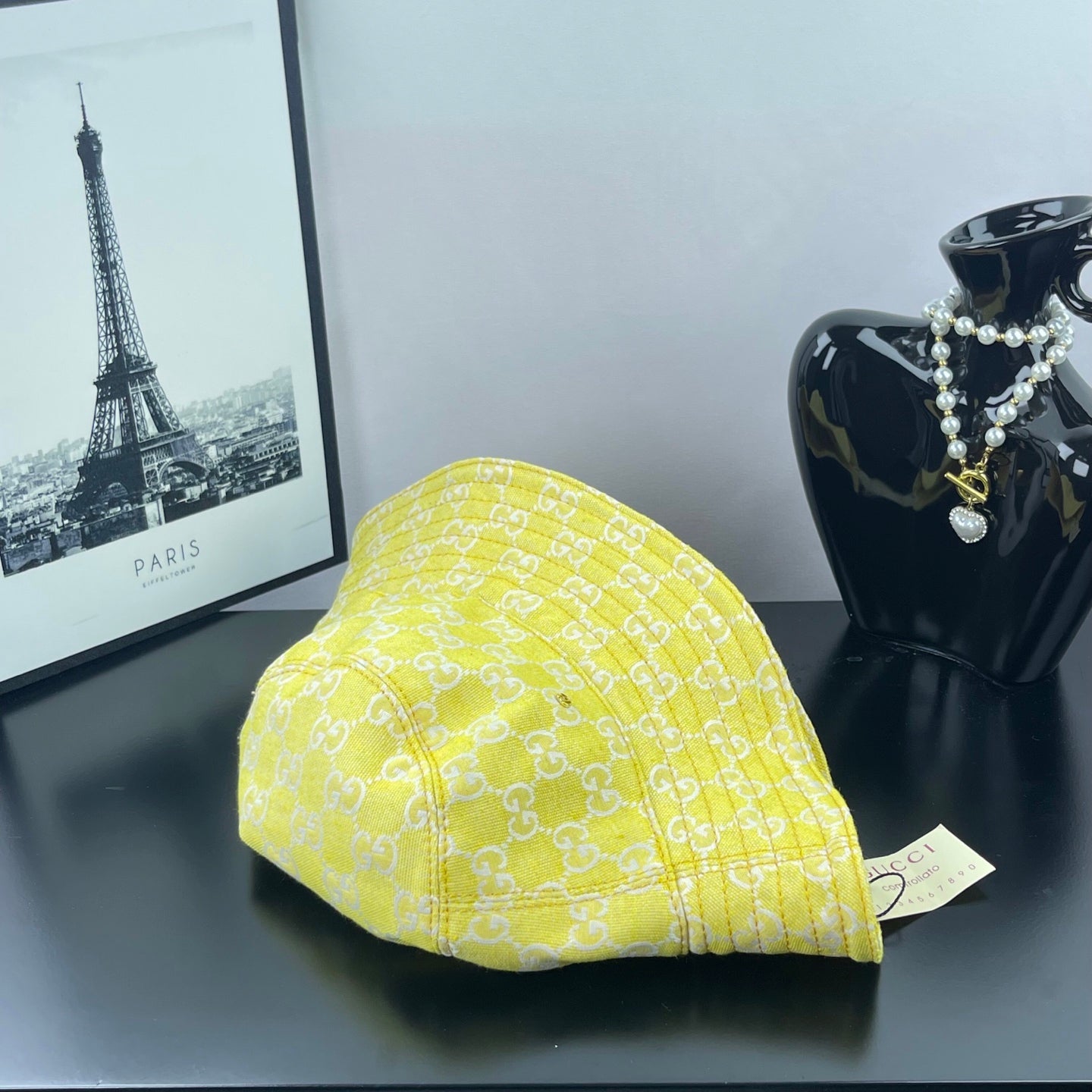 Gucci bucket cap bright yellow with GG monogram fabric and curved side brim
