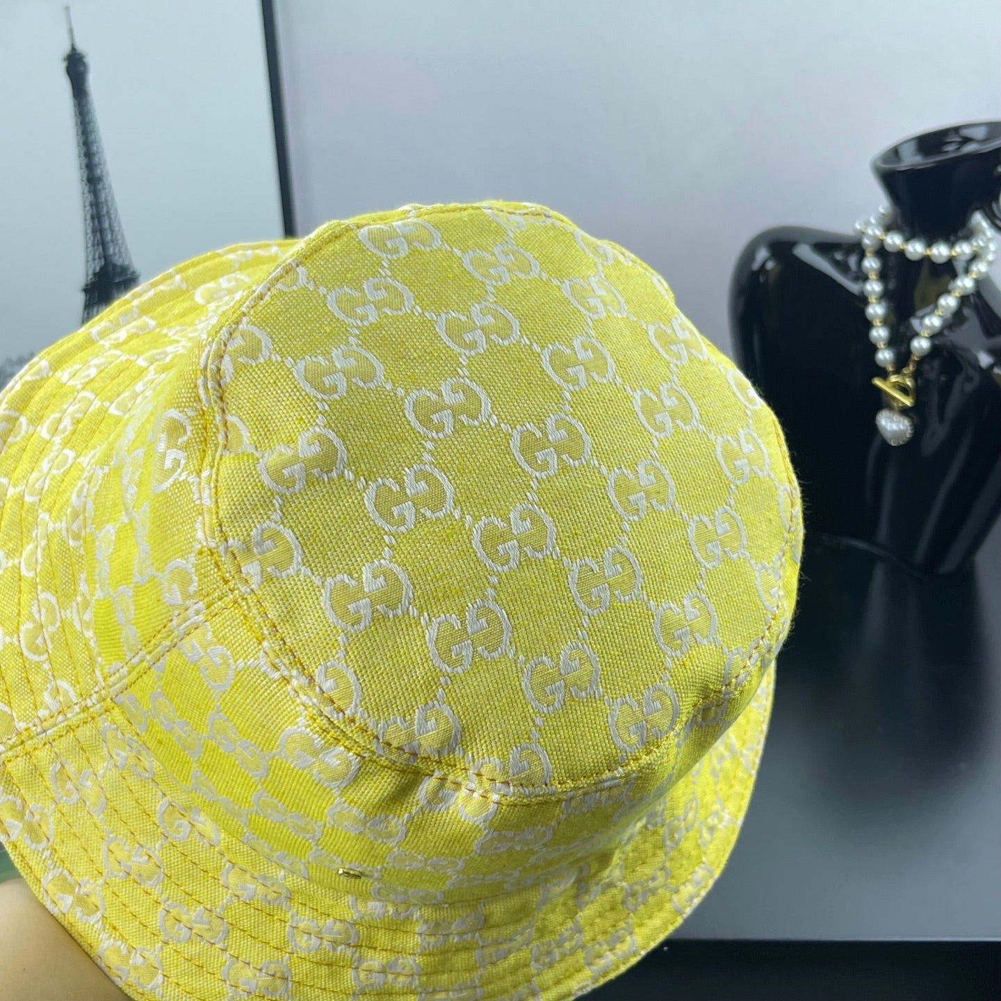 Gucci bucket cap bright yellow with GG monogram fabric and curved side seam