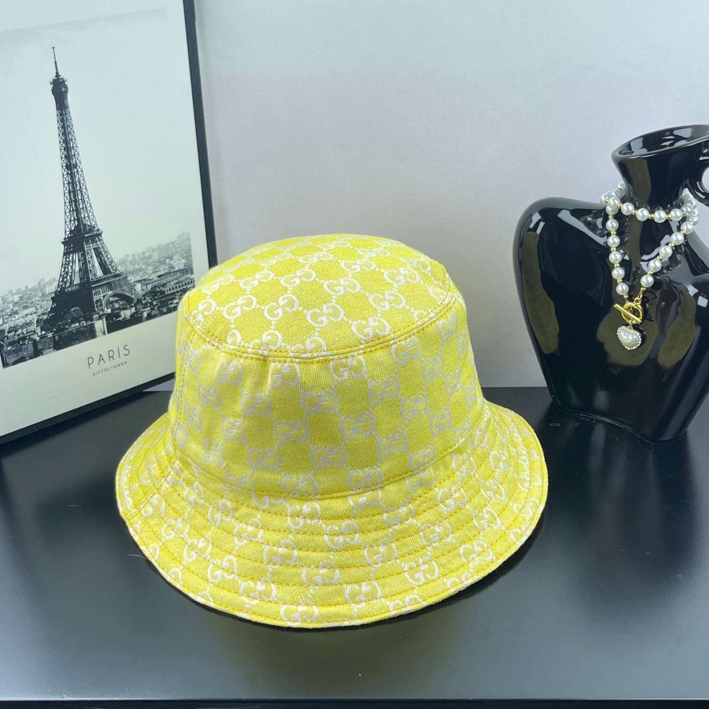 Gucci bucket cap bright yellow with GG monogram fabric and curved stitched brim