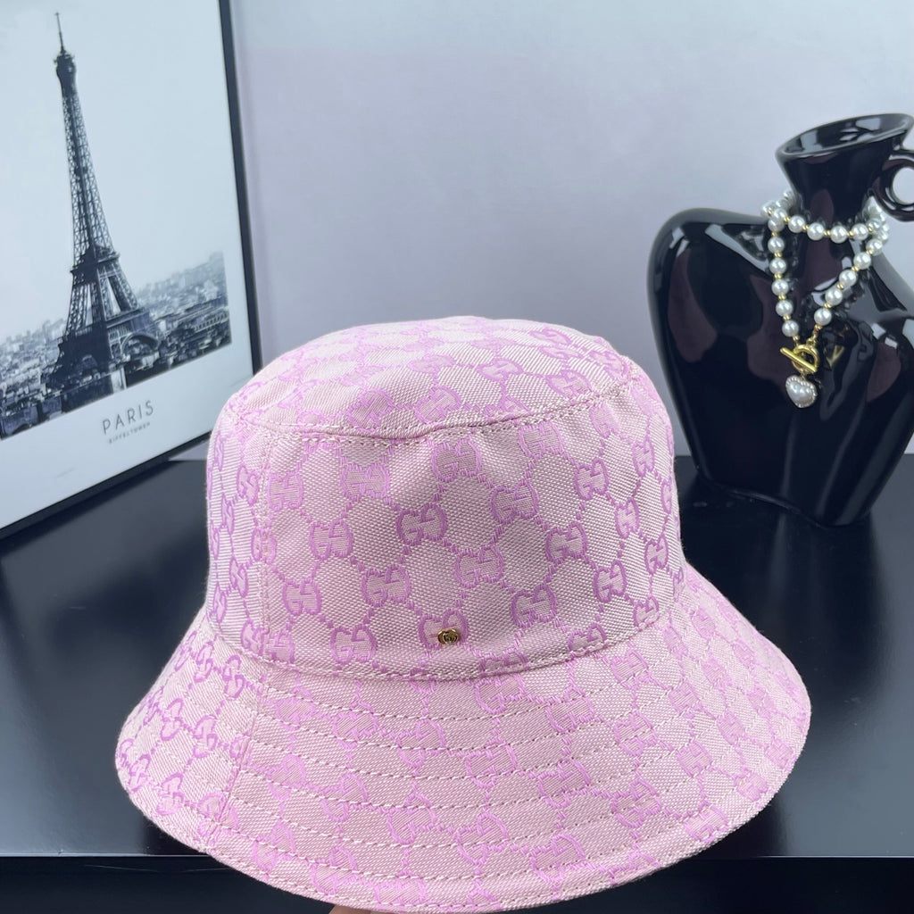 Gucci pink GG monogram bucket hat with front logo detail