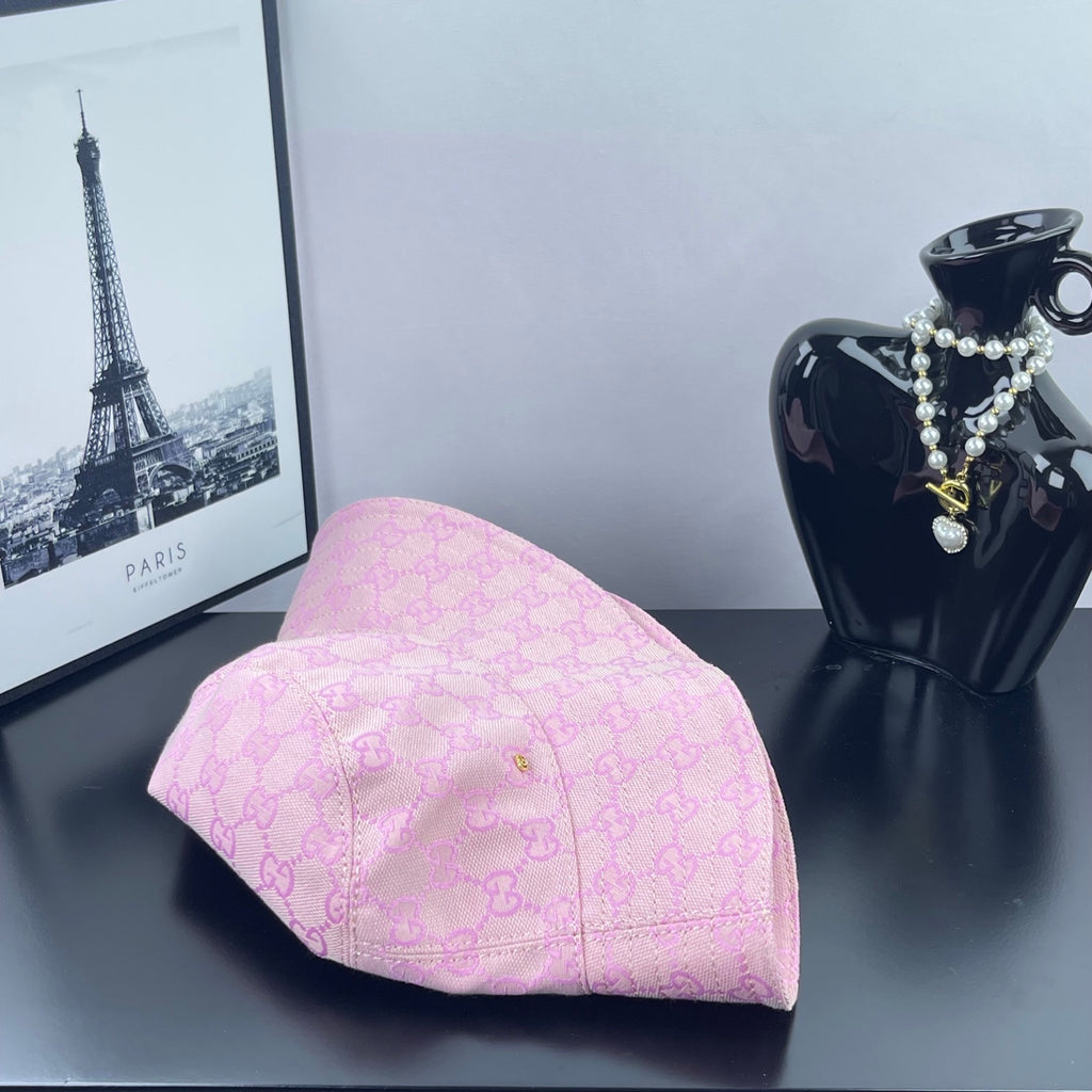 Gucci pink GG monogram bucket hat with curved back panel seam