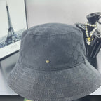 Gray GG monogram bucket hat, side profile with stitched brim