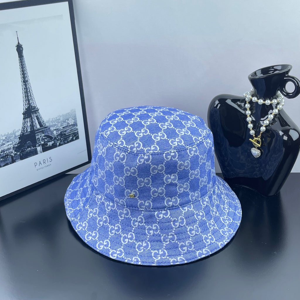 Blue GG monogram bucket hat with wide brim