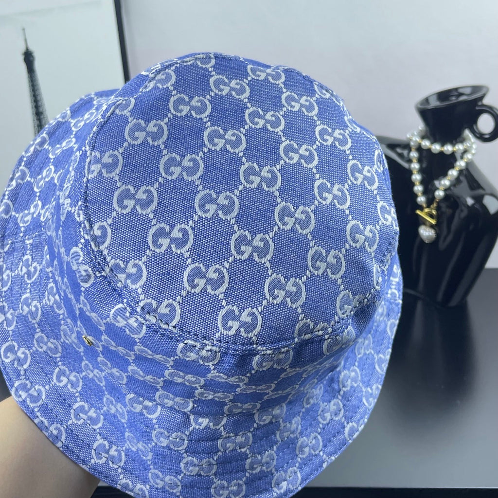 Blue GG monogram bucket hat, close-up pattern and wide brim