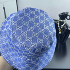 Blue GG monogram bucket hat, close-up pattern and wide brim